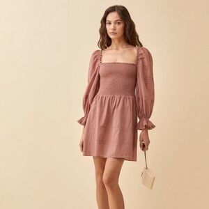 Reformation Dunes Smocked Bodice Mini Dress Lace Detail in Praline Sz. 6